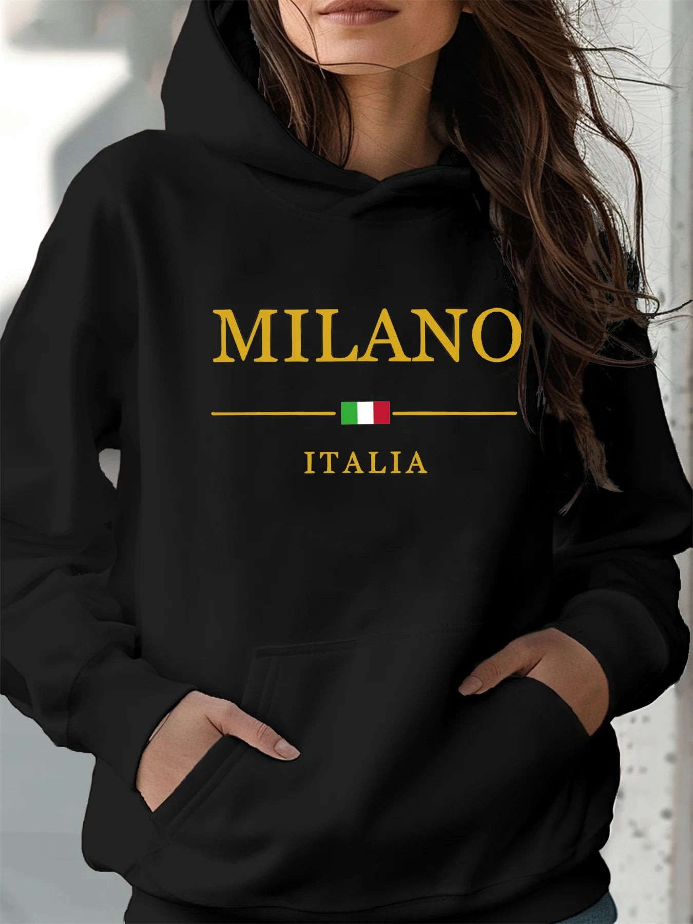 Women's autumn and winter warm and loose casual MILANO ITALIA pattern printed suede long sleeved hooded sweatshirt BAZAARHUBO