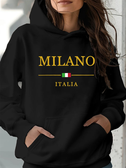 Women's autumn and winter warm and loose casual MILANO ITALIA pattern printed suede long sleeved hooded sweatshirt