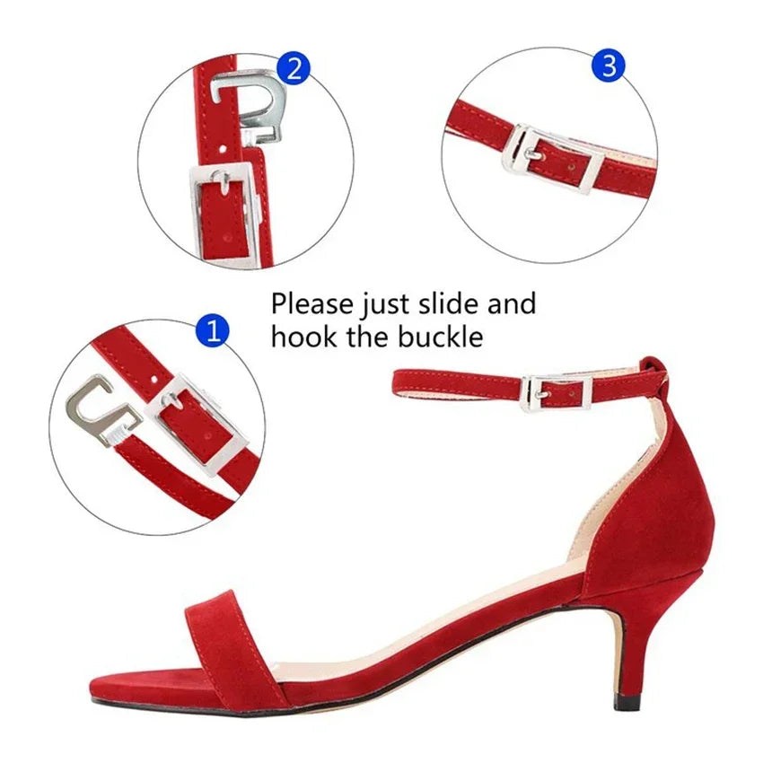 Fashion 2026 Summer Women's Sandals Ankle Strap 5cm Low High Heels Open Toe Female Buckle Velvet Sexy Pumps Red Wedding Shoes