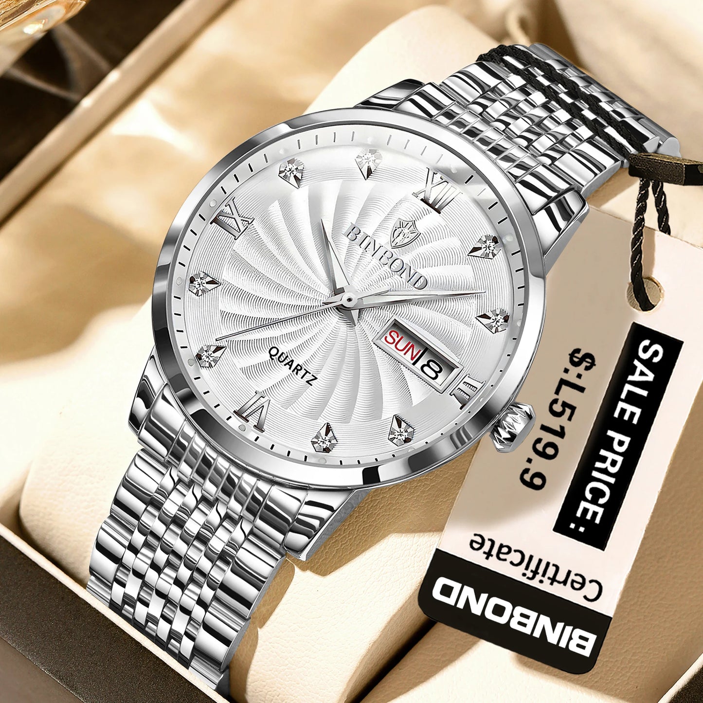 BINBOND Quartz Watches for Men Luxury Luminous Waterproof Precise Auto Date Week Display Men's Watch Casual Sturdy Reloj