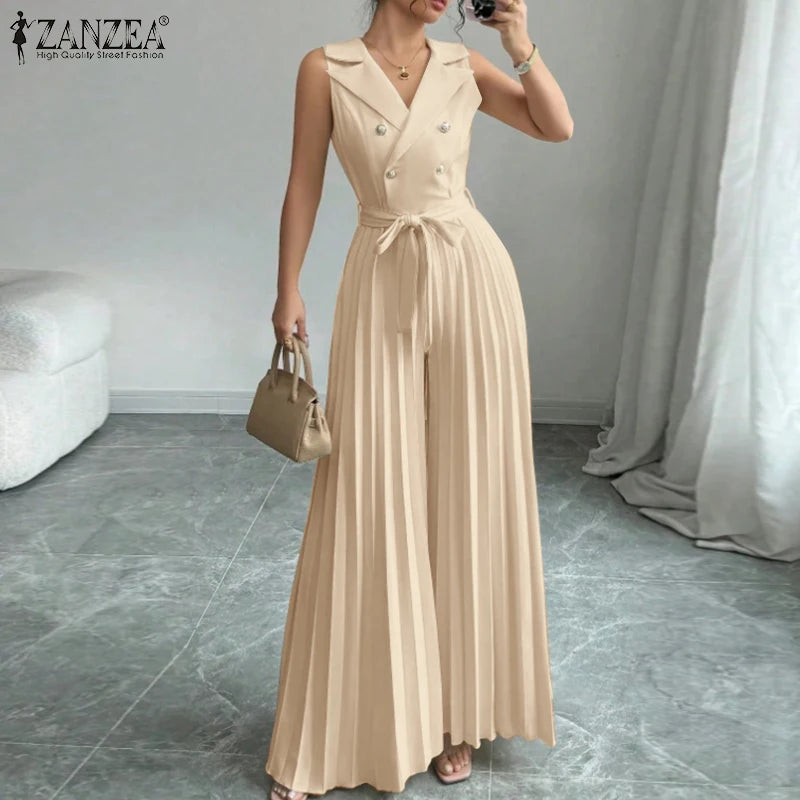 Fashion Women Jumpsuits 2026 ZANZEA Summer Rompers Elegant Wide Leg Work OL Overalls V Neck Sleeveless Pleated Playsuit Trousers