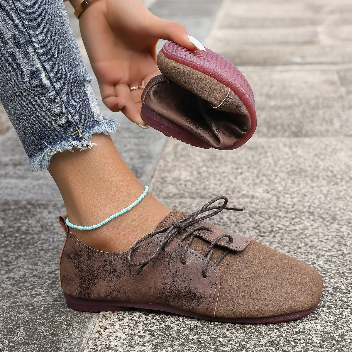 Comemore Spring Women's Flat Shoes Fashion Round Toe Lightweight Lace-up Soft Single Shoes Outdoor Casual Sneakers Mocasines