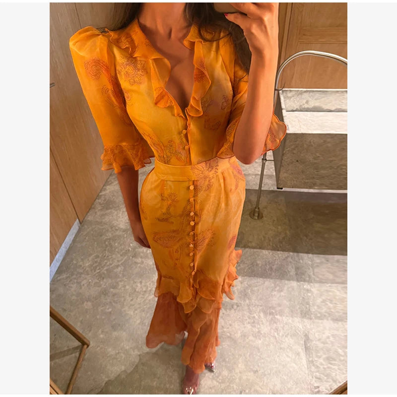 Chic Floral Puff Sleeve Women Maxi Dress Sexy V Neck Button Down Ruffle Slit Vestidos 2026 Summer New Lady Daily Party Sundress