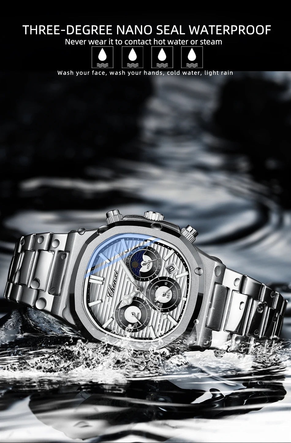 CHENXI Fashion Luxury Men's Watches Stainless Steel Quartz Movement Waterproof Calendar Moon Phase Chronograph Watch for Men