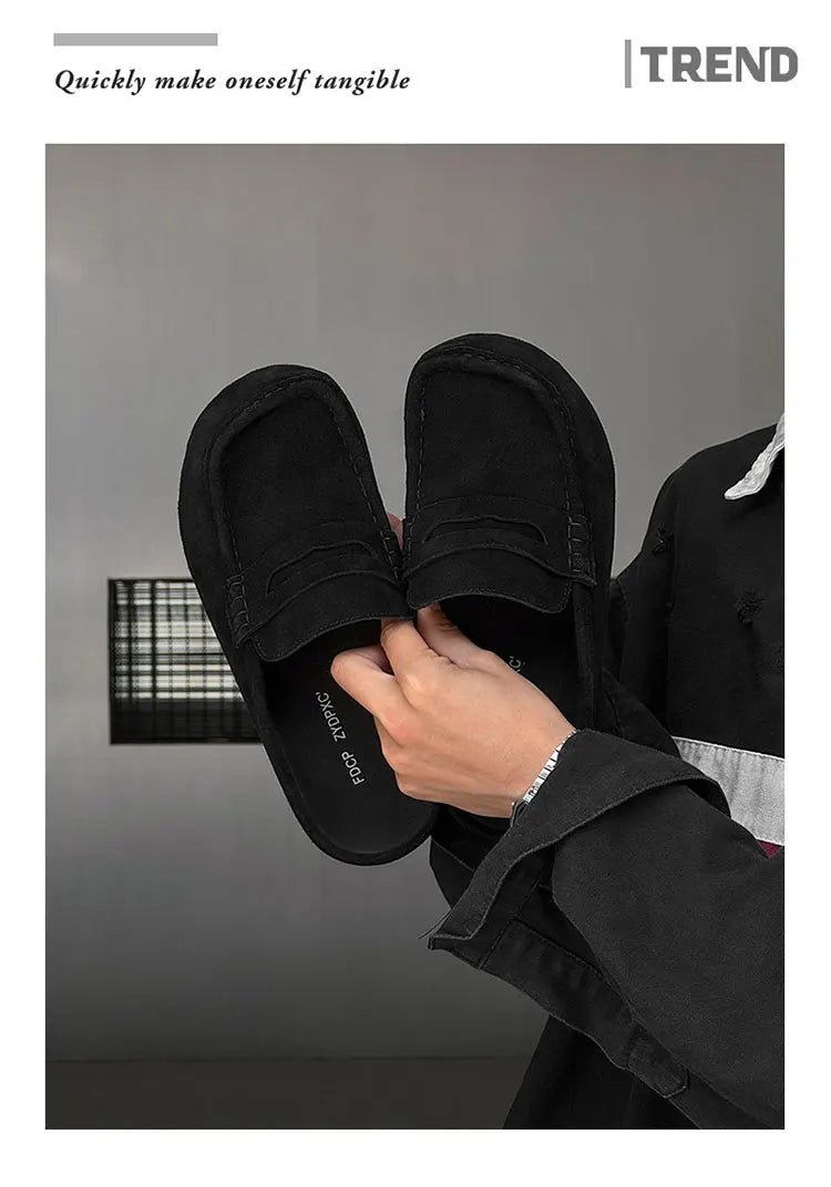 Suede Leather Open Back Casual Shoes Mules Men Backless Loafers Slippers Half Shoes Slip On Flats Vintage Man Slides Sandals