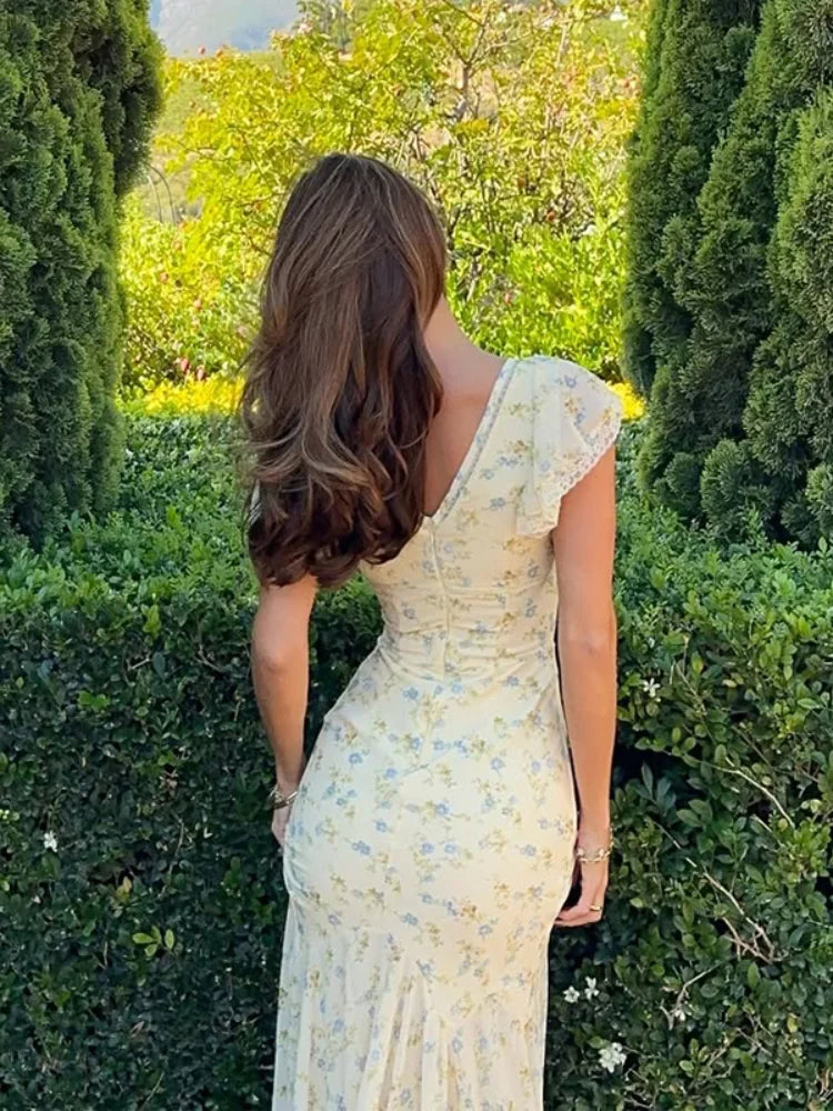 Vintage Print High Neck Midi Dress Belted Waist Bell Sleeve Flared Hem 2026 Summer Spring Chic Women Elegant Wedding Guest Gown