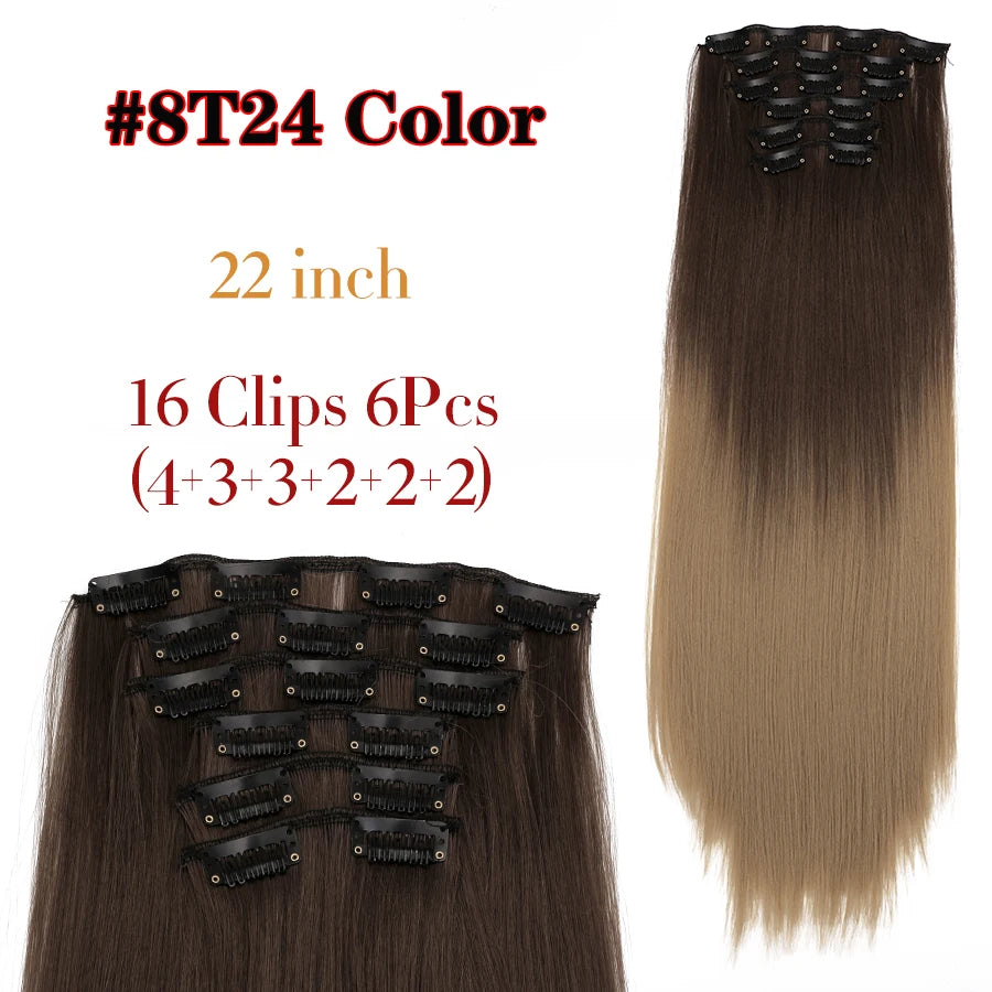 22 Inches Synthetic Long Straight Hairstyle 16 Clips 6Pcs/Set Hair Extensions Blonde Black Hairpieces Heat Resistant For Women