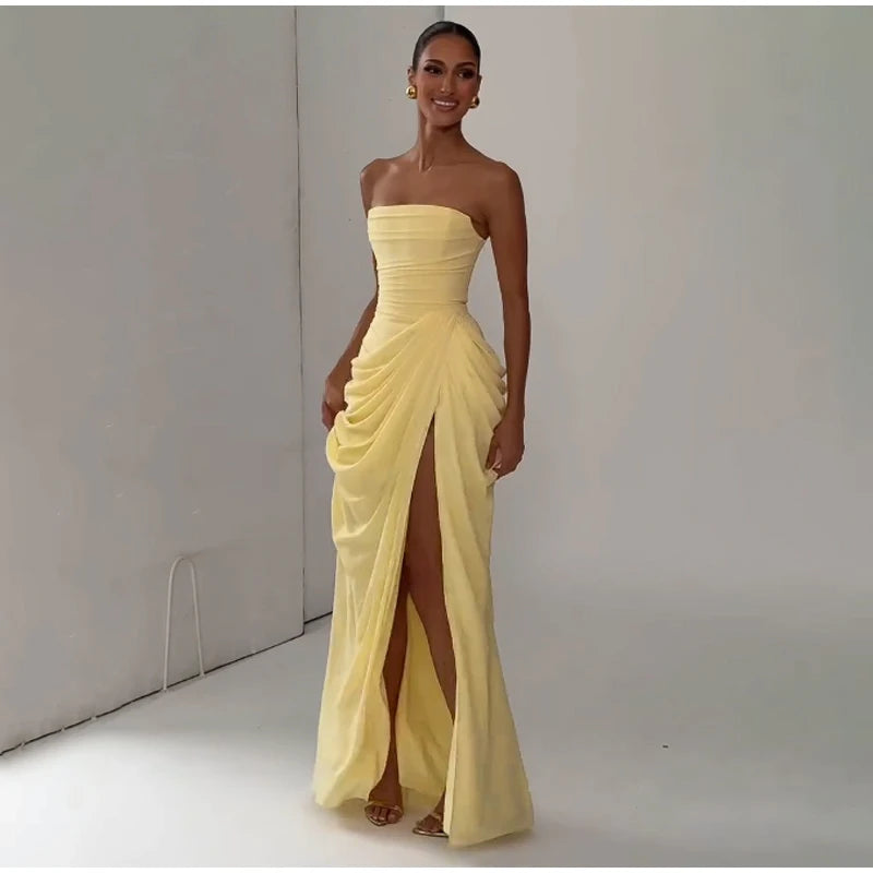 Women Sexy Solid Pleated Strapless Dress Lady Chic Off-shoulder Backless High Waist Split Dresses 2026 New Evening Party Gown