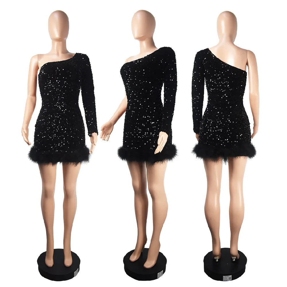 Sexy and Elegant Women's Party Dress Long Sleeved Diagonal Shoulder Off Shoulder Sparkling Edge Sequin Tight Women's Prom Dress
