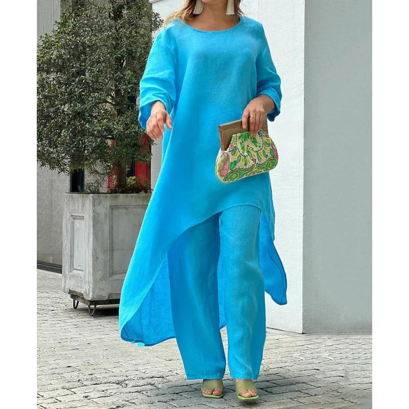2 Piece Women Set African Clothes Women Outfits Cotton Linen Suit Long-Sleeved Top Pants Oversize Trousers Casual Party Set 2024