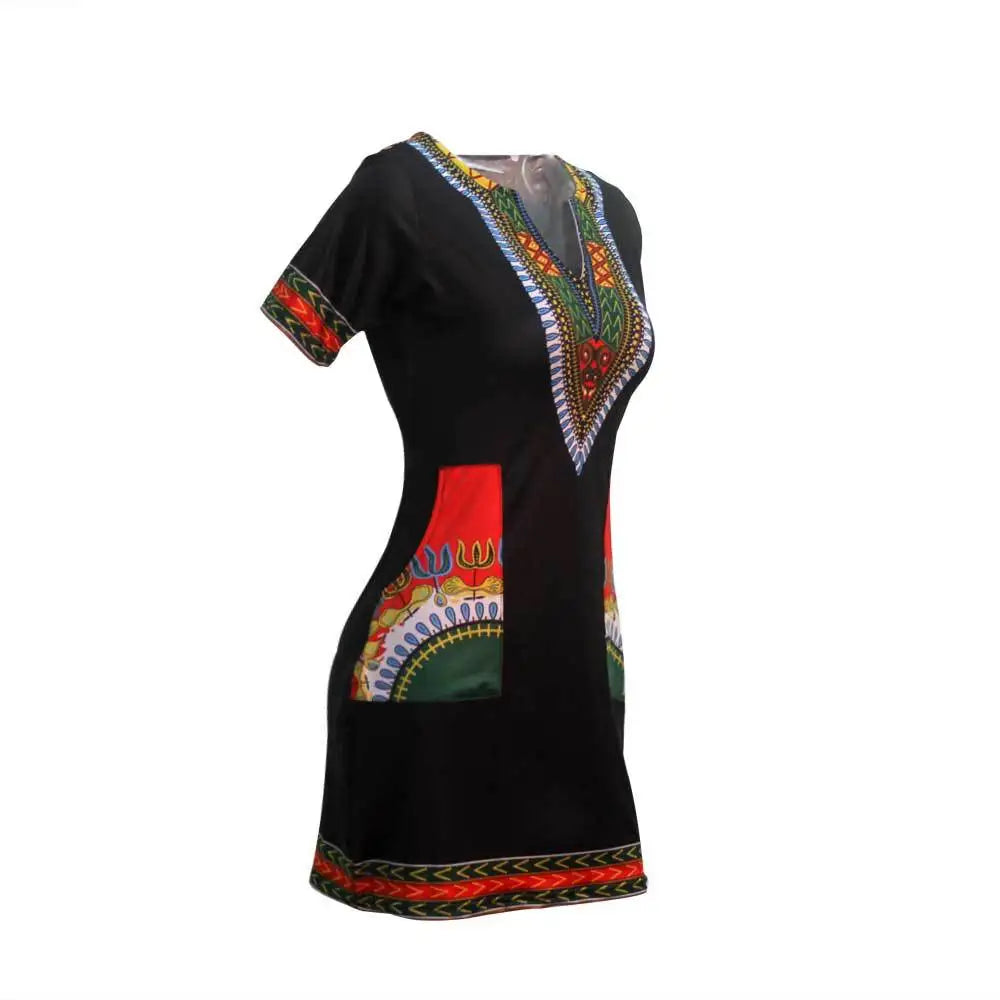 African Dresses for Women Summer 2022 Fashion Style African Women Short Sleeve V-neck Polyester Knee-length Dress