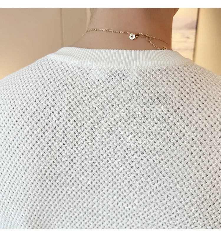 Summer Breathable T-Shirts For Men Korean Luxury Clothing O-Neck Short Sleeve Knitted Men's T Shirt Fashion Hollow Tops&Tees 3XL