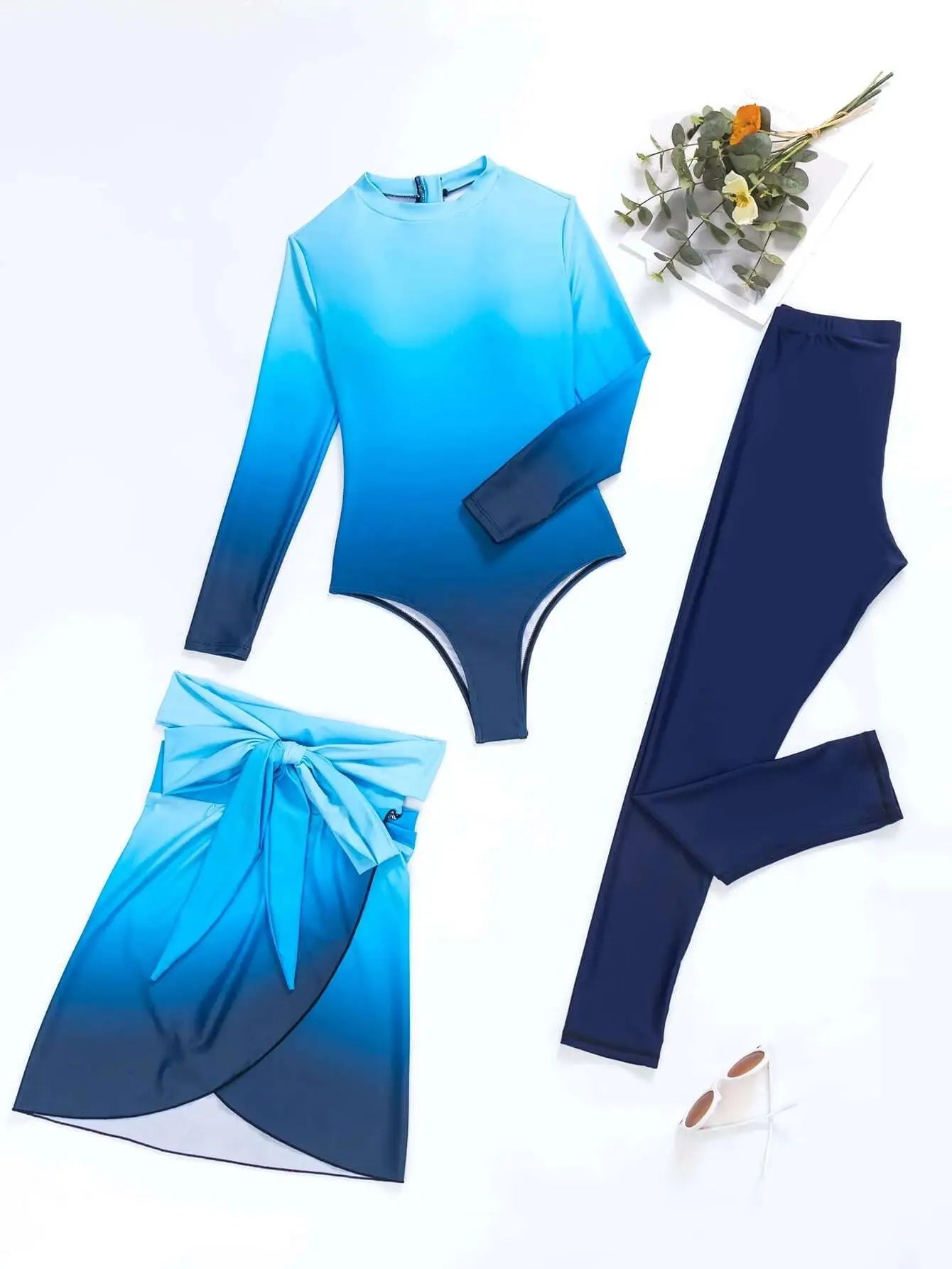 New burkini Femmes Muslim Womens Swimwear Three-piece Gradient Blue Long Sleeved Trousers Sunblock Swimwear Summer Beach Wear
