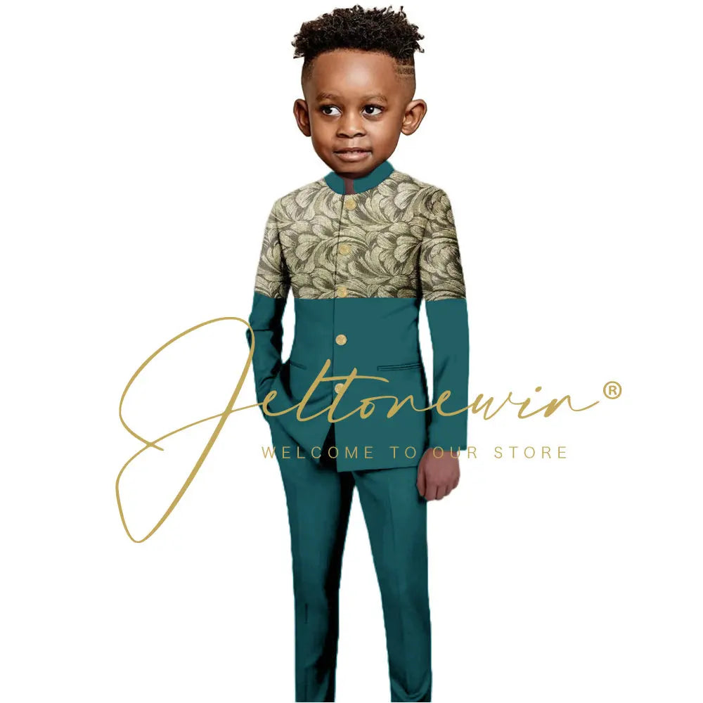 African Style Boys Suit Burgundy Gold Floral Jacket Pants 2 Piece Set Stand Collar Blazer Wedding Tuxedo Kids Formal Party Dress