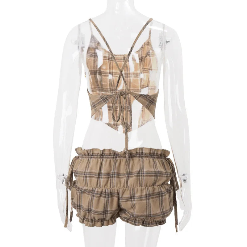 Vintage Style Sexy Backless Suspender Top Women's Pleated American Shorts Set