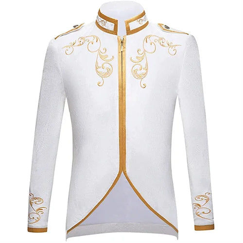 British Style Men Standing Collar Embroidered Suit Jacket Red / Blue Fashion Male Wedding Dance Party Patchwork Dress Coats
