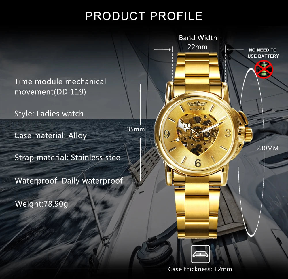 WINNER Fashion Elegant Ladies Watches Top Brand Luxury Skeleton Gold Automatic Mechanical Watch for Women Stainless Steel Strap