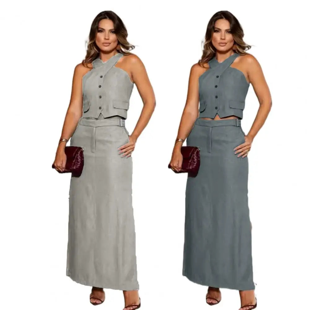 2 Pcs/Set Women Vest Skirt Set Cross Halter Neck Two Pieces Sets Suit Vest Top High Waist Side Split Maxi Skirt Set