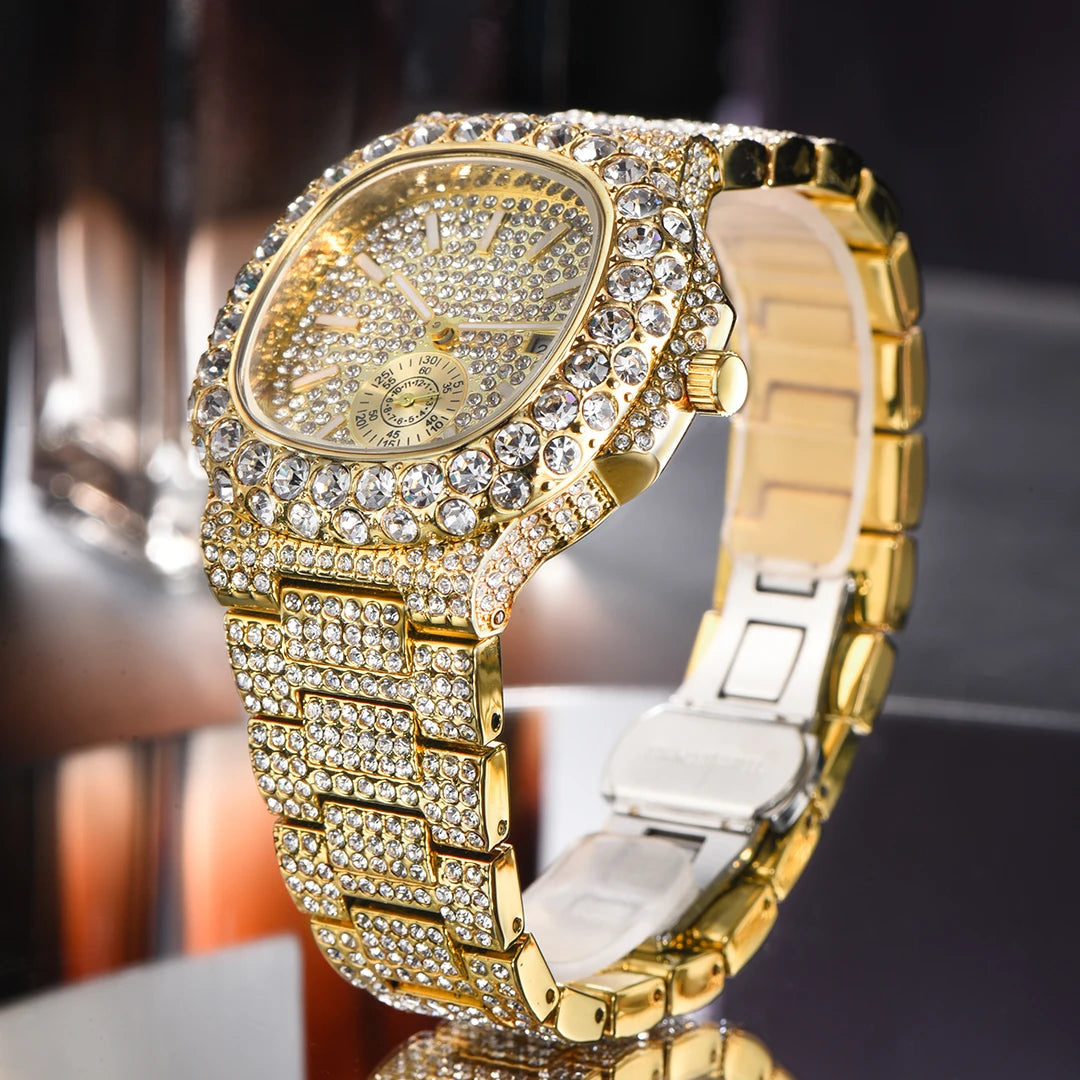 MISSFOX Iced Out Watch For Men Luxury Fashion Gold Quartz Watches Hip Hop High Quality Waterproof  Male Daimond Clock New Gift