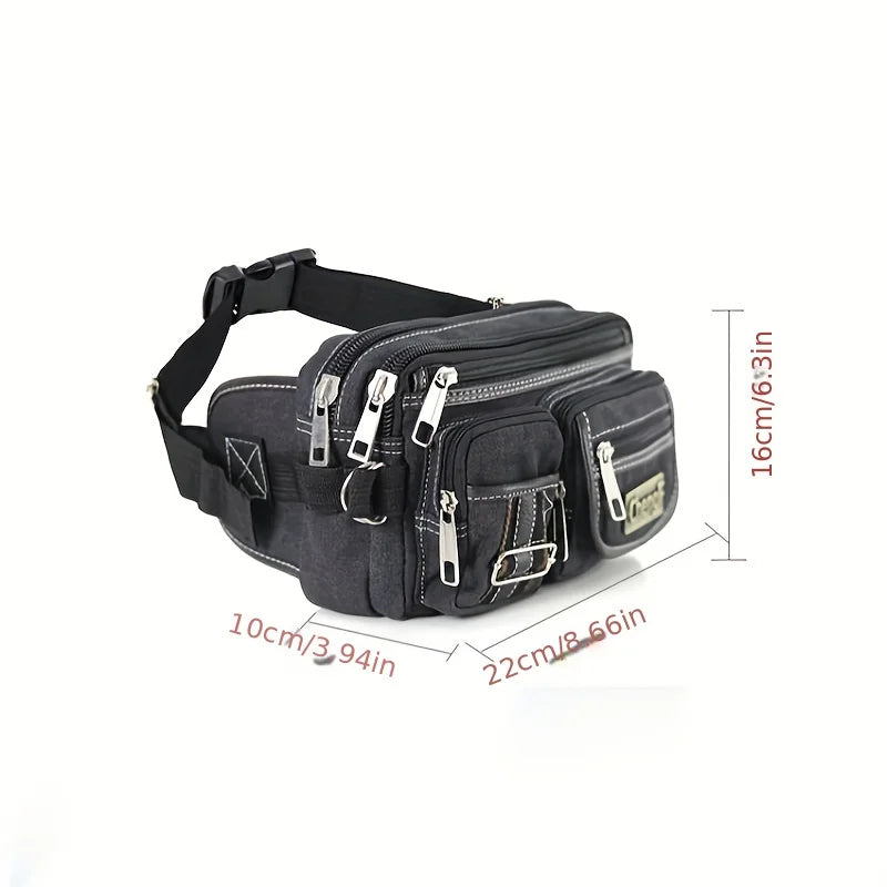 Fashionable Multi Layer Zipper Waist Bag Fanny Pack, Canvas Retro Basic Chest Crossbody Bag Men's Sports Running Phone Pocket