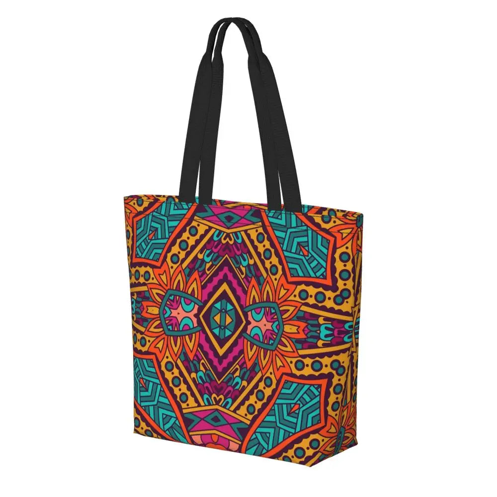 African Ankara Prints Grocery Shopping Tote Bags Women Geometric Ethnic Art Canvas Shoulder Shopper Bags Big Capacity Handbag