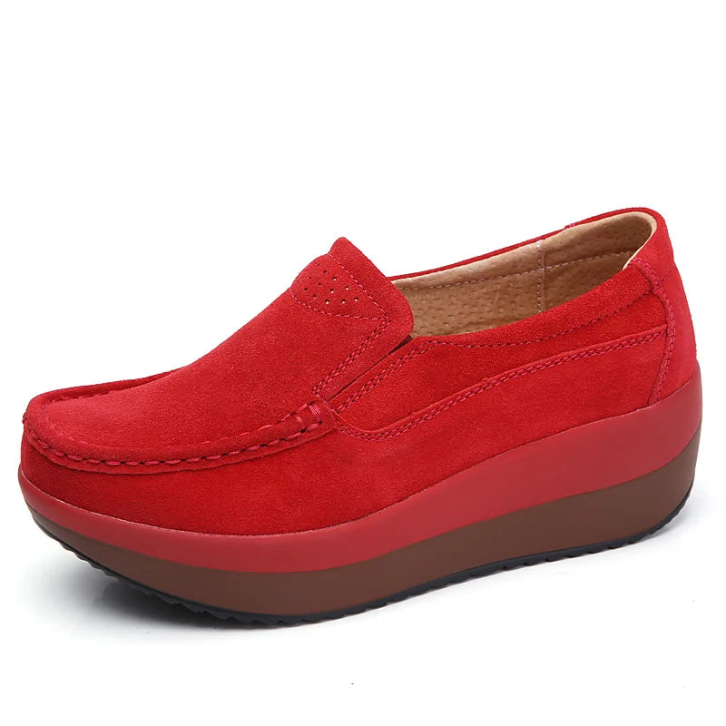 Women's Spring Autumn Genuine Leather Loafers - Fall Slip-On Round Toe Navy Platform Casual Flat Shoes