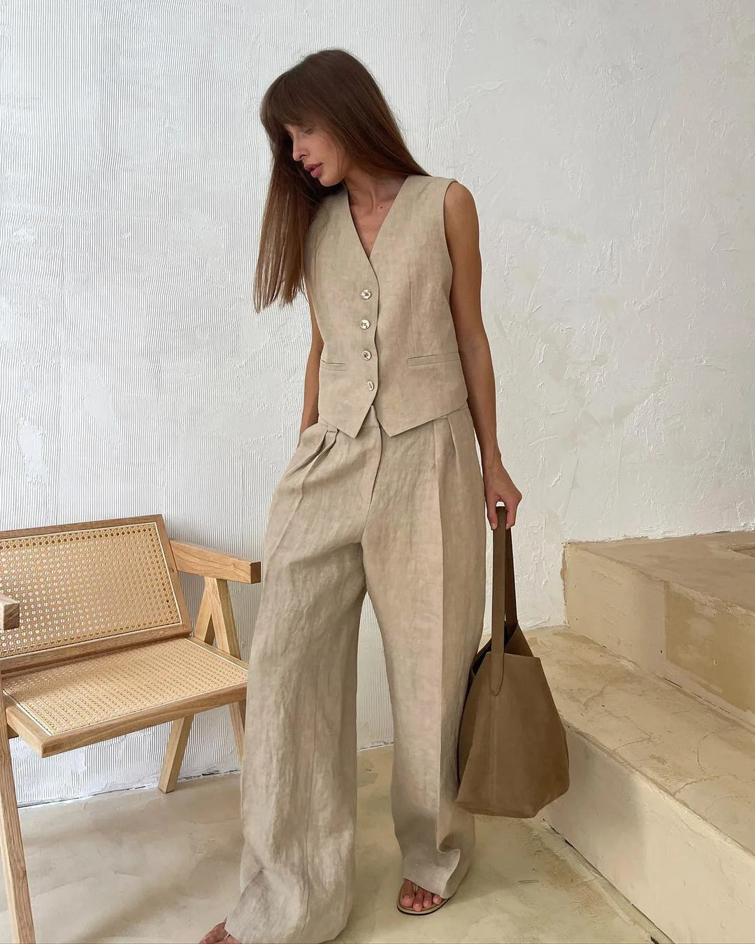 Sleeveless Vest Jacket Top Casual Pants Two-piece Set For Women's Wide Leg Pant Sets Sexy Summer Boho Cotton Linen Ladies Suits