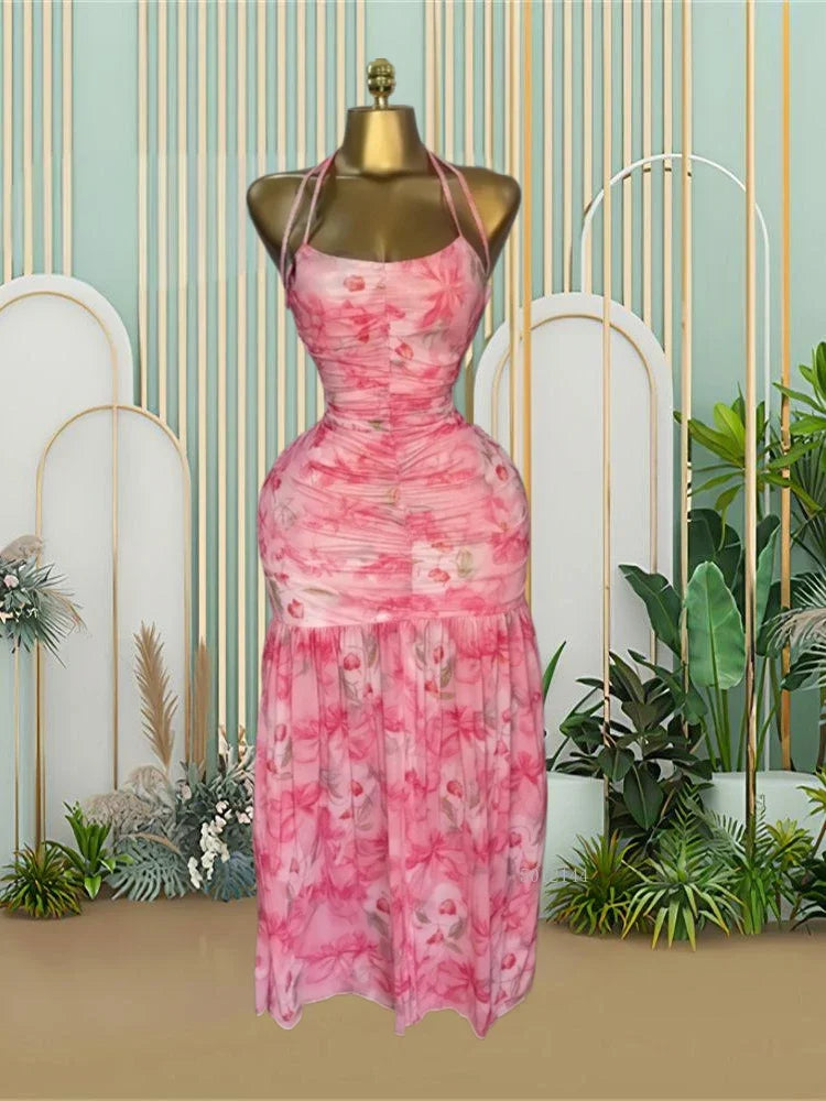African Women Halter Neck Print Sleeveless Backless Maxi Long Dress 2025 Summer Evening Birthday Vacation Beach Holiday Dresses