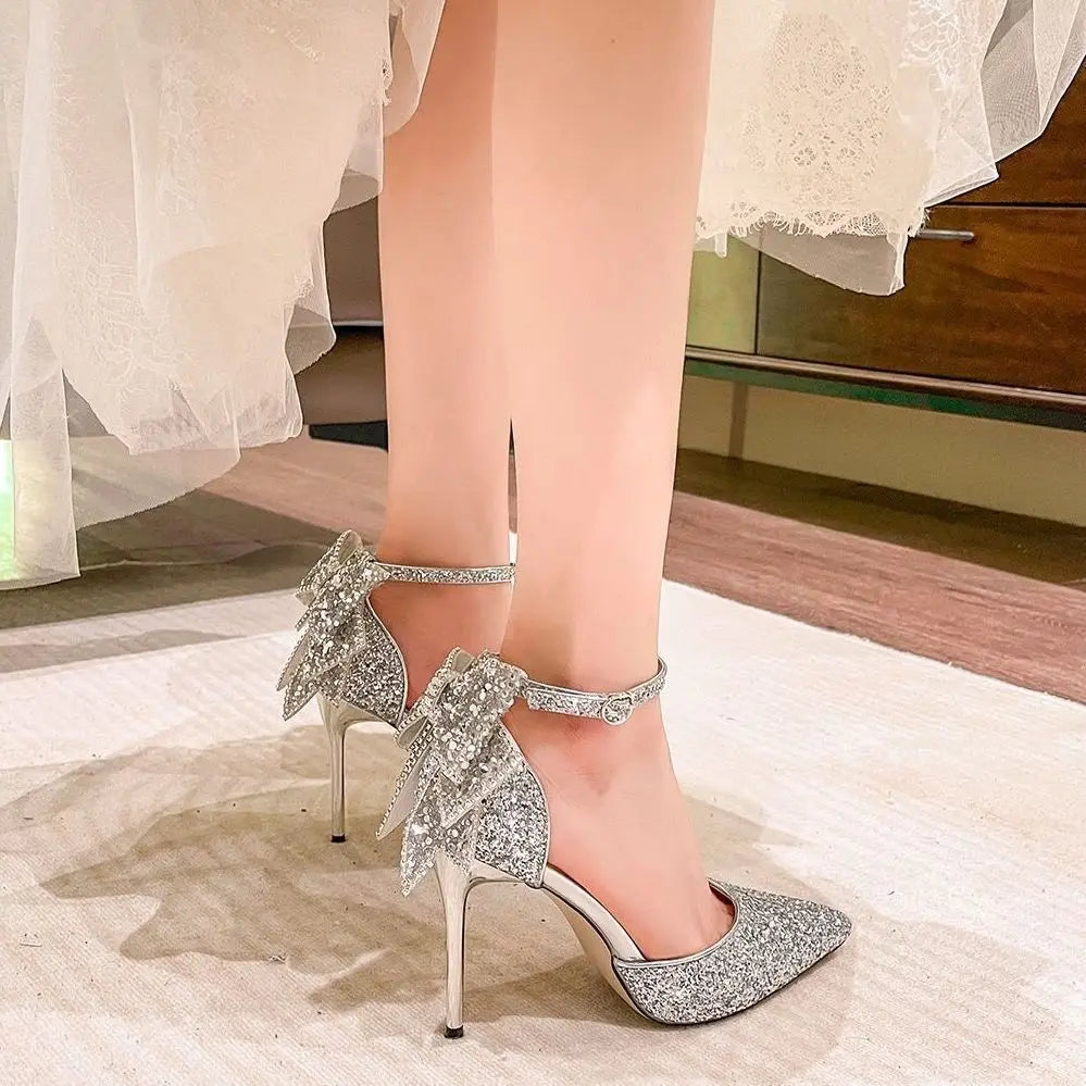 Shoes for Woman 2025 Stilito Silver Women's Summer Footwear Wedding Bride Shoe Rhinestone Pointed Toe Super High Heel Diamond 39