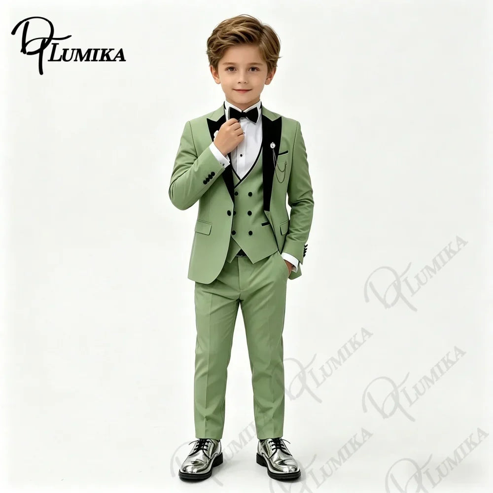 Boys Wedding Suit Jacket Vest Pants with Bowtie Tie Peak Lapel Kids Formal Tuxedo for Party Stage Prom Graduation Dress Outfit