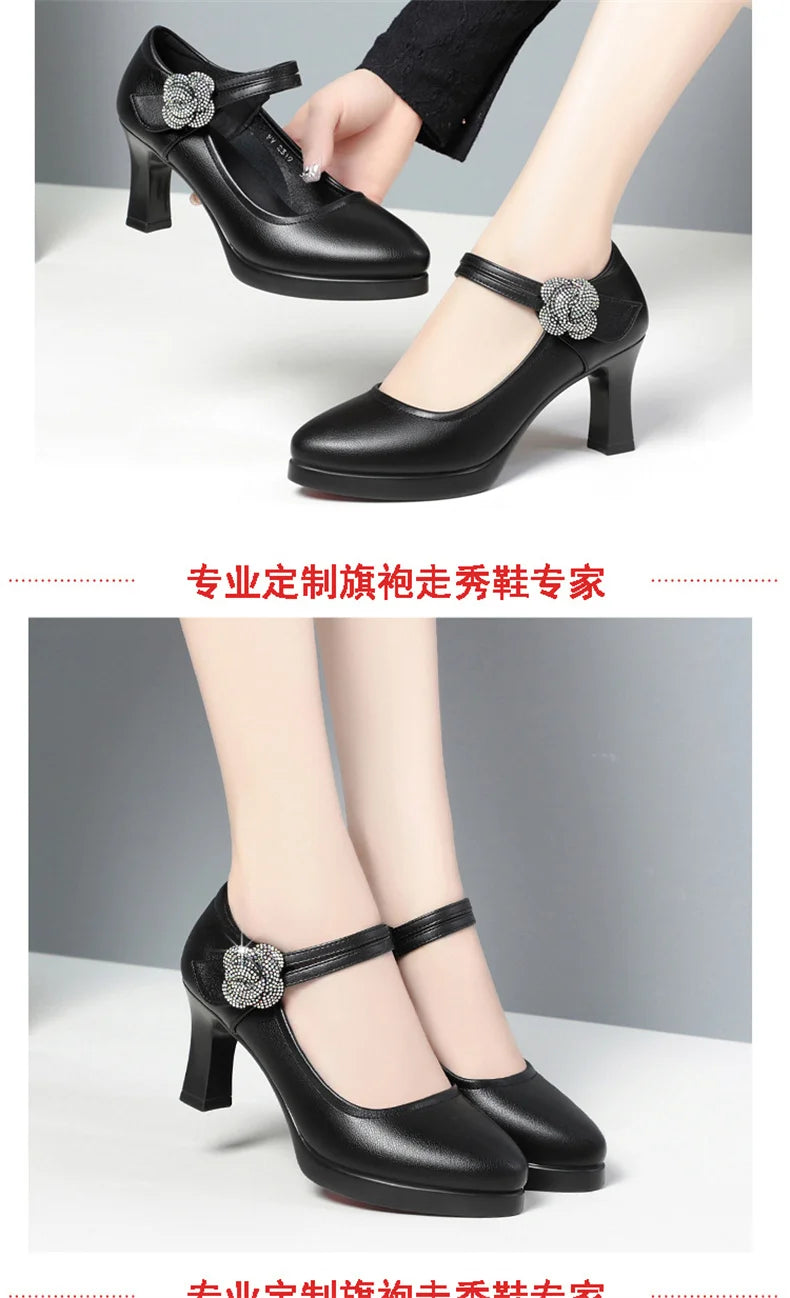 Women's Pumps Pointed Toe Office Soft Leather Flower Buckle Strap Platform High Heels Four Season Shallow Mouth Single Shoes