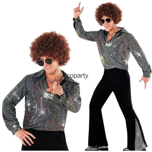 New Men's Vintage Disco Costume Shiny Sequin Long Sleeve Shirts Adult Halloween Party Hippie Cosplay Performance Wear Outfits
