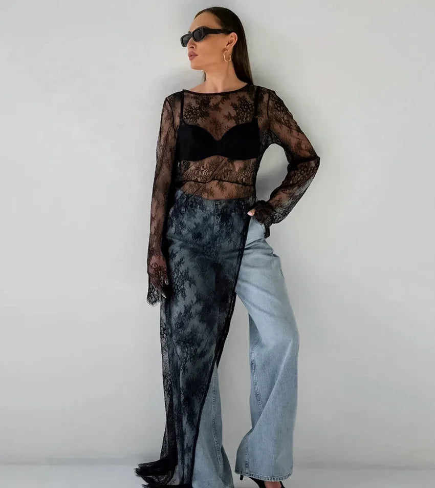 Fashion Perspective Sexy Long Blouses O-Neck Women Long Sleeve Irregular Lace Pullover Tops High Street Female 2024