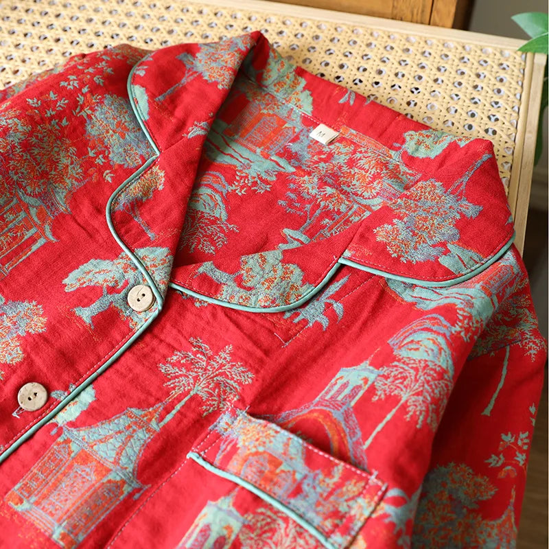 Cotton Jacquard Women's Pajamas Set for Spring and Autumn Retro Color Woven Home Clothes Long Sleeved Pyjamas Women