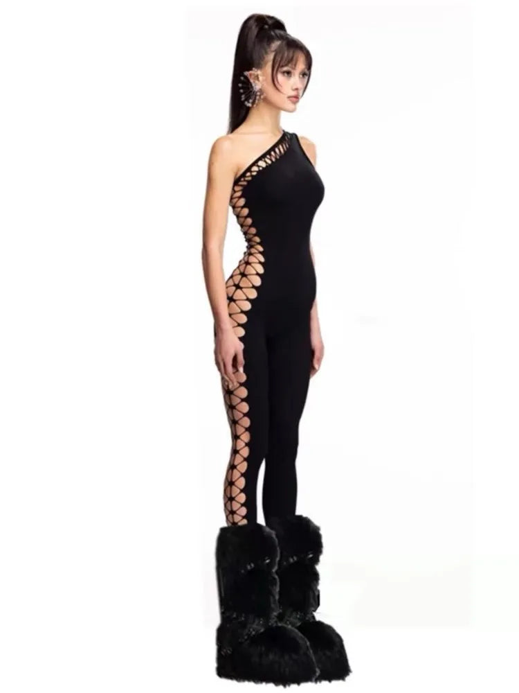 Sexy Streetwear Slanted Shoulder Hollow Sleeveless Jumpsuit Hot Girls Tight Fitting Slimming Bottom Jumpsuit Punk Personality