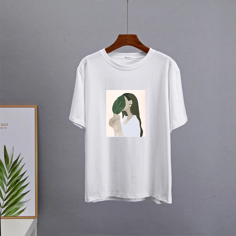 Hirsionsan Harajuku Printed T Shirt Women 2023 Summer Chic Tees 100% Cotton Elegant Graphic Clothes Loose Casual Pullover Tops