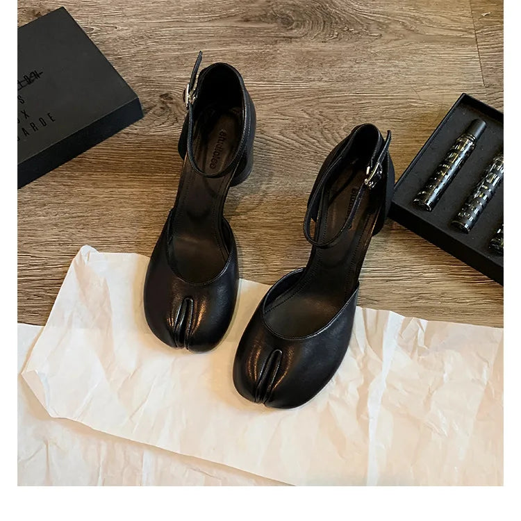Brand Designer Tabi ninja high heels shoes woman ankle strap silver crack leather pumps split toe D'orsay mary janes shoes woman