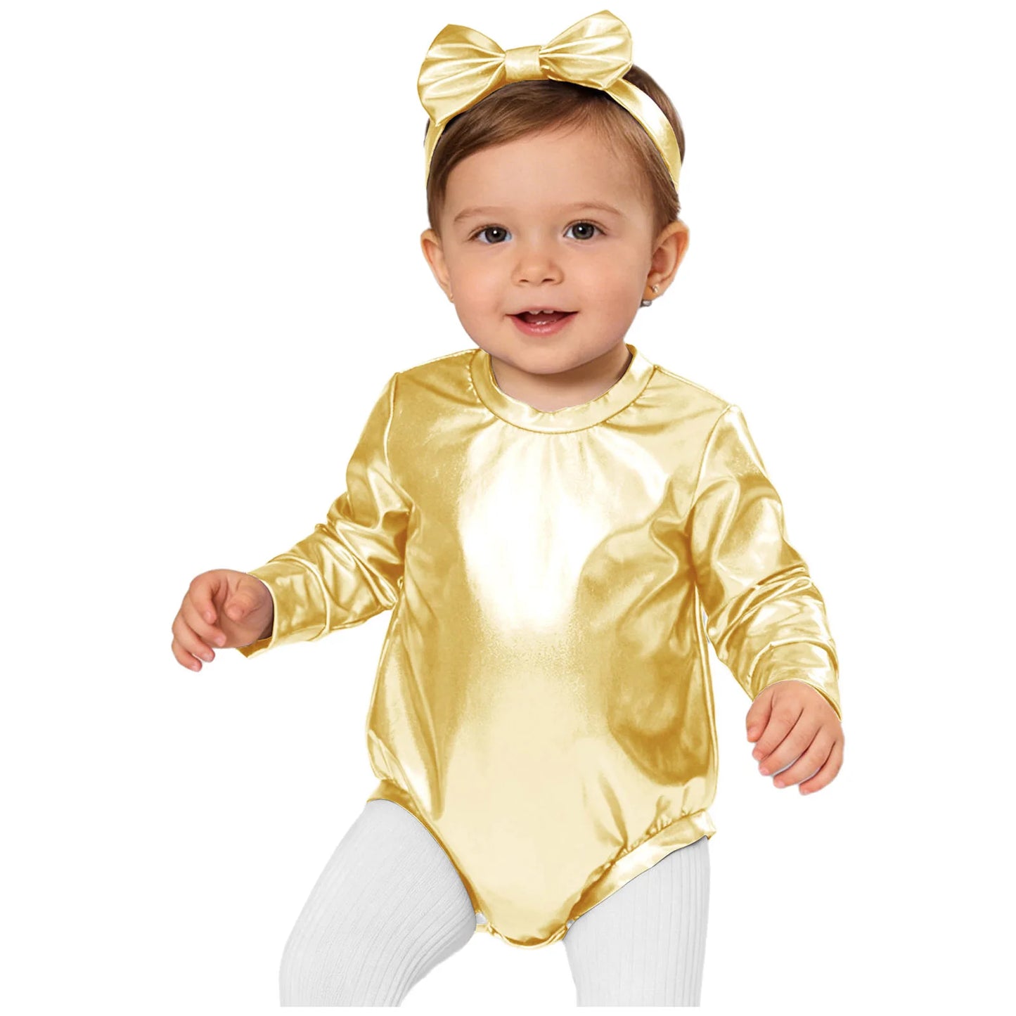 Baby Girls Long Sleeve Metallic Shiny Buttons Crotch Romper with Bow Headband Birthday Theme Party Photography Outfit Daily Wear