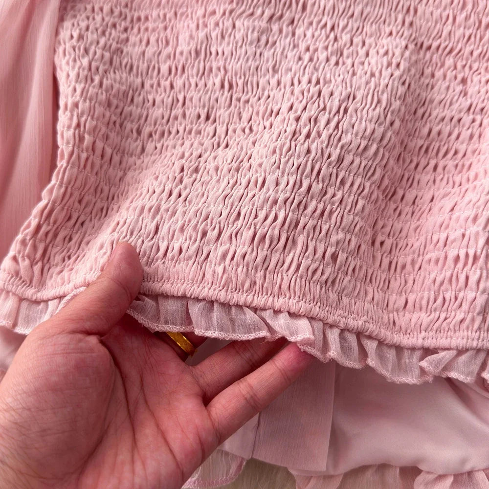 Chiffon Blouse for Women Slash Neck Off Shoulder Solid Color Camisas Ruffles Folds Backless Summer Blusas De Mujer Chic Dropship
