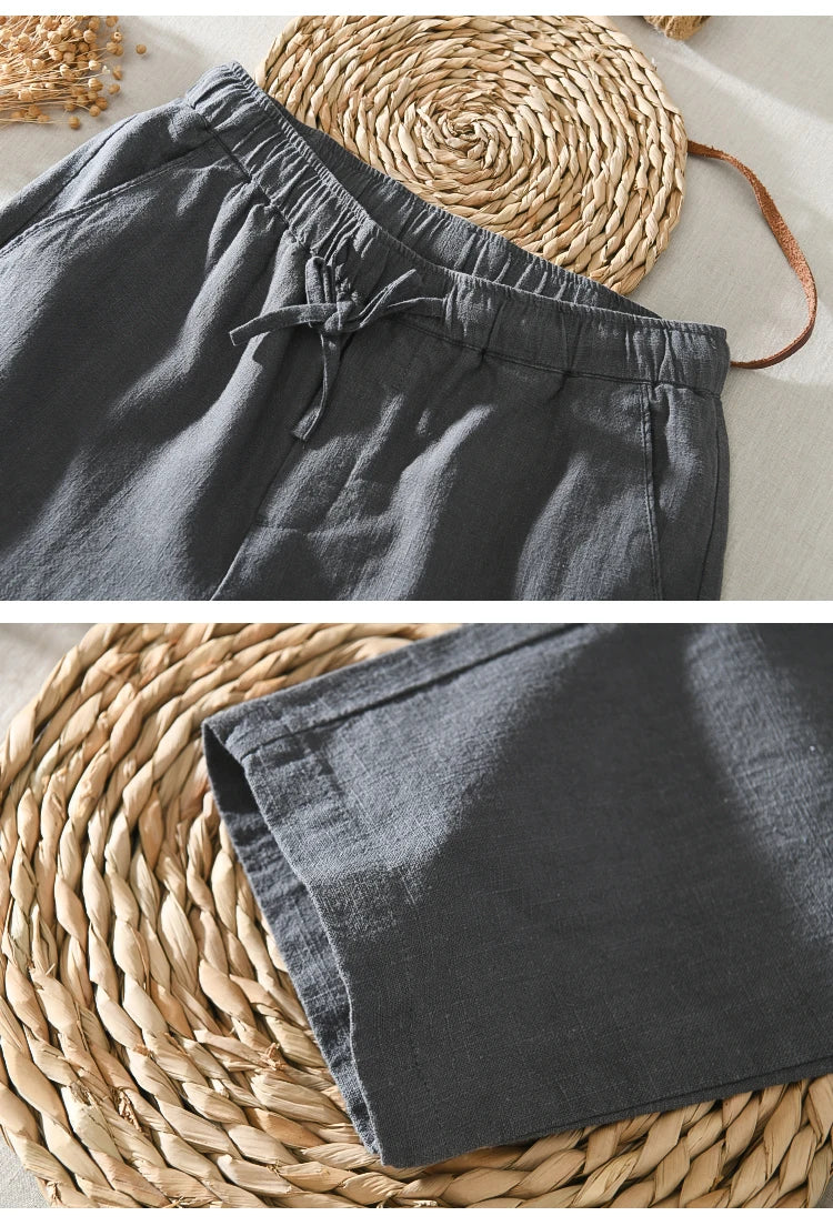 Summer Thin Cotton Linen Straight Leg Casual Pants Men's Loose Fit Drawstring Elastic Waist Nine Point Pants Breathable Youth...