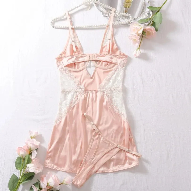 Sexy Deep V Neck Satin Dress Women Sexy Lingerie Lace Patchwork Split Sissy Night Dress Slip Dress Silk Nightwear Платье Женское