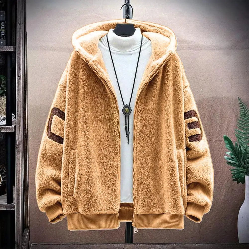 Faux Sherpa Thickened Men Jacket Zipper Closure Pockets Hooded Jackets Casual Thickened Sherpa Lining Winter Warm Men's Jackets