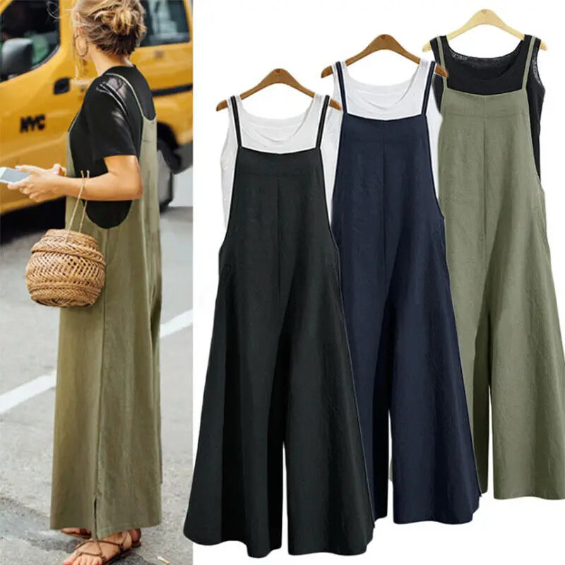 Women Loose Casual Playsuit Trousers Wide Leg Pants Overalls Baggy Romper Lady Chic Summer Sleeveless Cotton Loose Jumpsuits 5XL