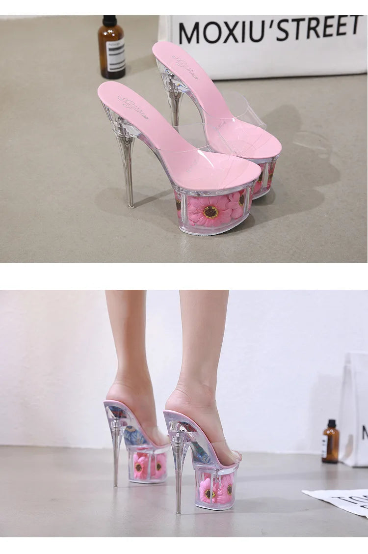 Crystal Transparent Shoes Women 17.5CM Super High Heels Plus Size Nightclub Sandals Clear Thin Heeled Fashion Female Slippers