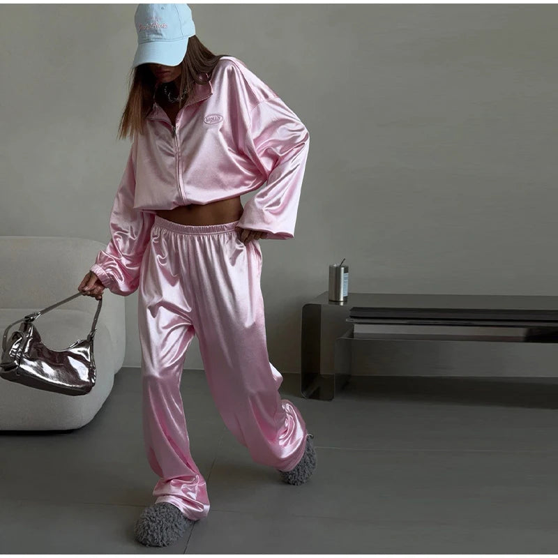 2026 Spring Satin Embroidered Zip-Up Jacket Wide Leg Pants Set Oversized Slouchy Women 2 Pcs Outfit Cool Lady Co-ord Streetwear