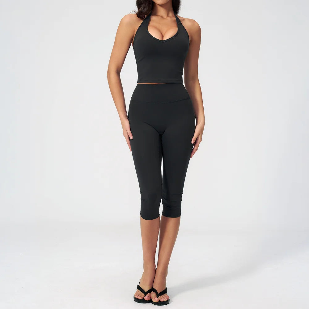 Sports Set Two Pieces Yoga Set Women's Sports Set Quick Drying Short Sleeve Fitness Set Gym Running Slim Capri Pants Sportswear