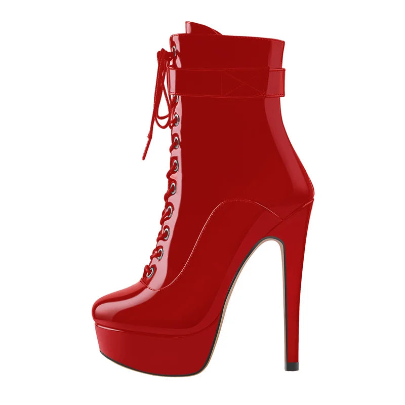 Onlymaker Women Platform Ankle Booties Patent Leather Thin High Heels Lace Up  Size Zip Winter Warm Zipper Boots Shoes