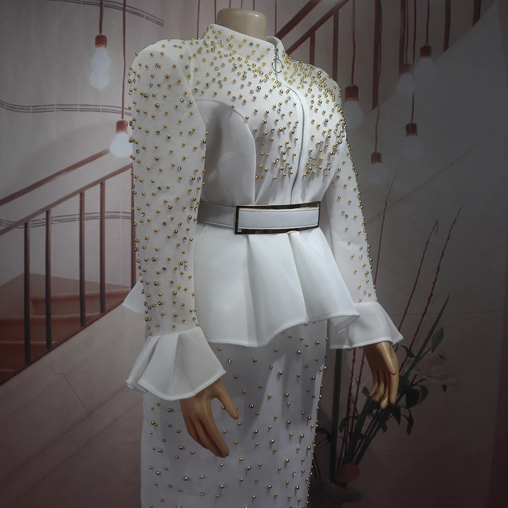 Fashion Suit African Dresses for Woman Rhinestone Turkey Dresses for Women Luxury High Quality Mesh Fabric African Beaded Dress