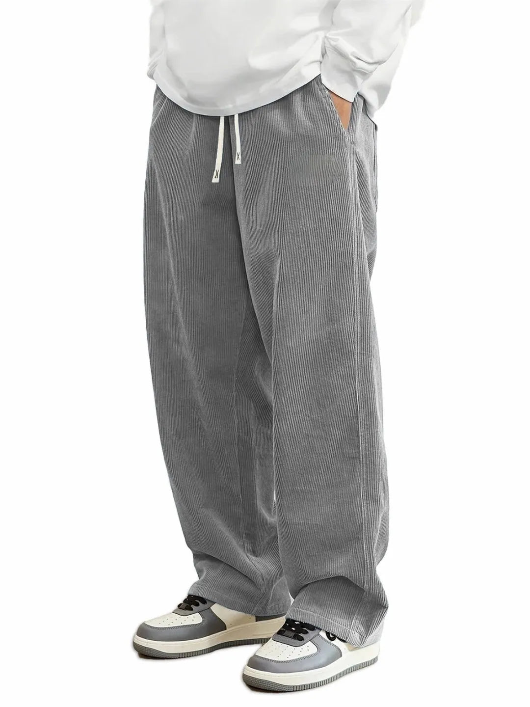 Summer Mens Corduroy Casual Pants, Loose Straight Fit Sweatpants with Elastic Waist & Drawstring, Men Outdoor Streetwear Trouser