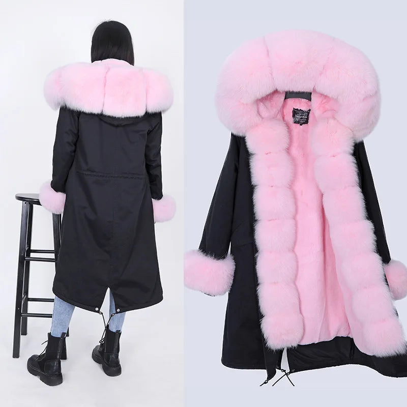 Maomaokong Winter Woman Natural Fur Overcoat Plus Size Black Parkas Raccoon Real Fur Lining Extra Larg Warm Jacket Coats Long
